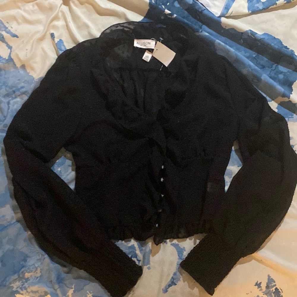 Allison New York Black Ruffle Button-up Top